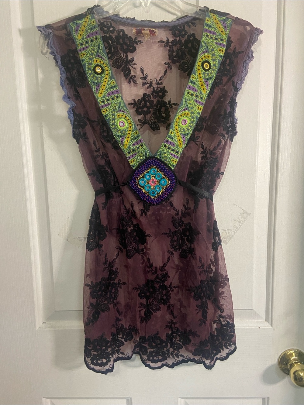 Vintage Free People Sheer Black Floral Tunic with Purple Underlay